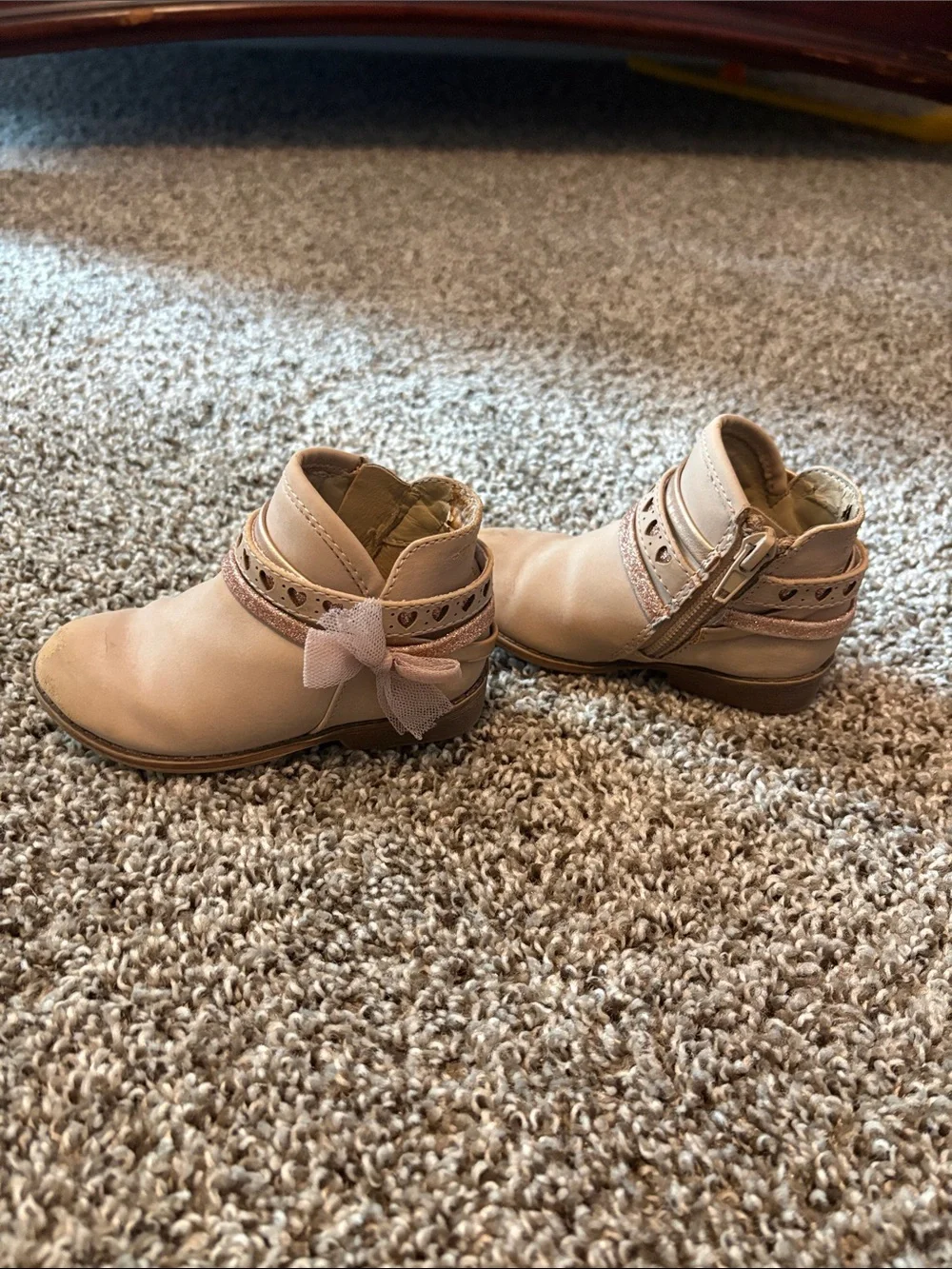 Girls' Tan Heart-Trim Ankle Boots